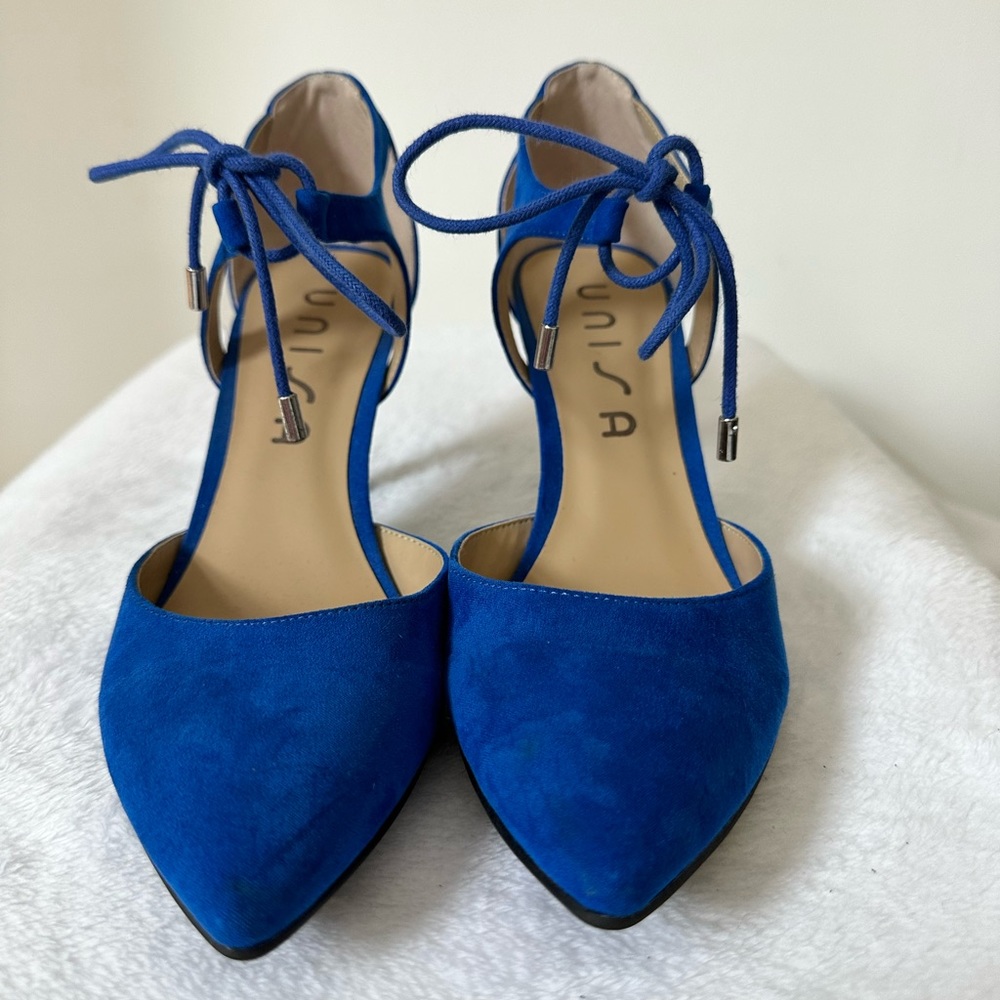 Unisa, Blue Suede Unamabelle Ankle Tie high heels Size 8
